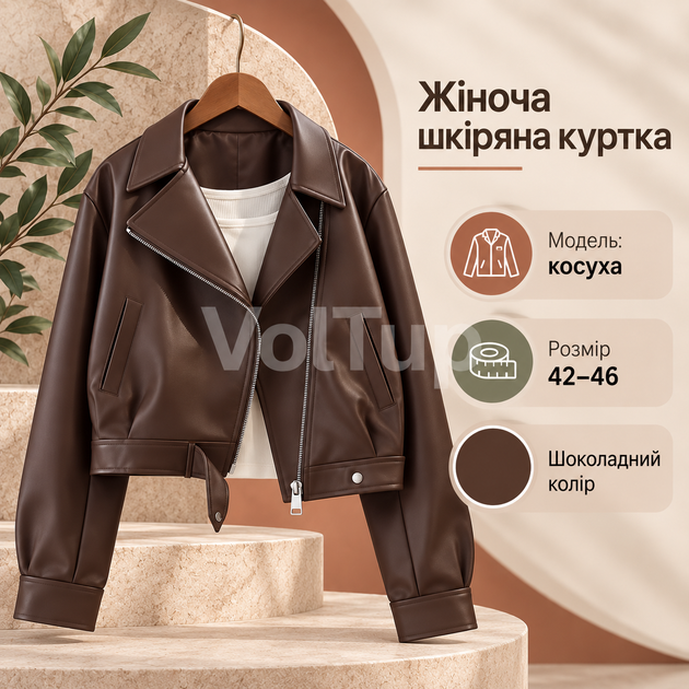Шоколадная кожаная косуха 42–46, женская короткая куртка из экокожи на подкладке - изображение 5