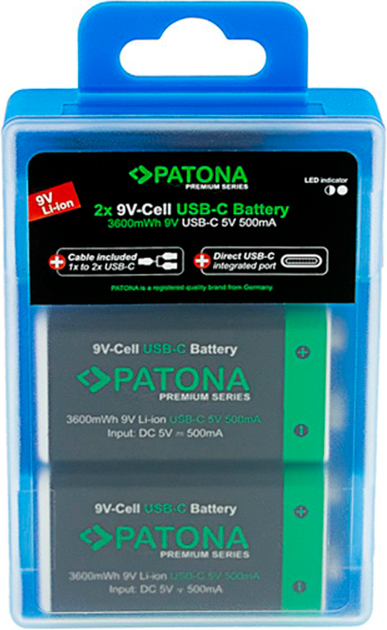 Акумулятор PATONA Premium 6F22 9V 500mAh USB-C 2 шт. (4055655239783) - Фото 2 Акумулятор PATONA Premium 6F22 9V 500mAh USB-C 2 шт. (4055655239783) - зображення 2