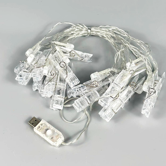 Гірлянда прищіпки 20 LED USB 4.5m теплий білий дріт - зображення 2