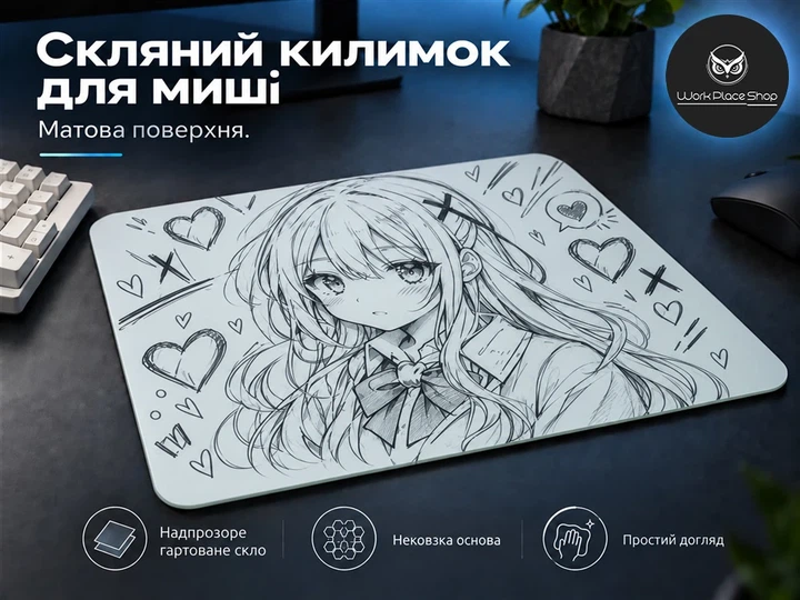 Скляний килимок для миші WorkPlaceShop AnimeGirl білий 400x400x5 мм (WPS-GL-AG-400x400) - изображение 2