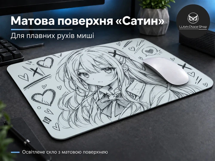 Скляний килимок для миші WorkPlaceShop AnimeGirl білий 400x400x5 мм (WPS-GL-AG-400x400) - изображение 3
