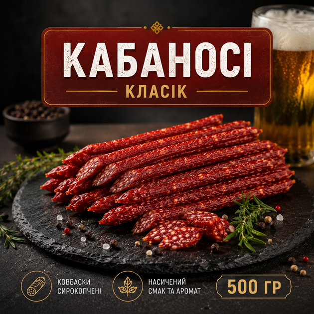 М'ясні кабаносі Класік в'ялені сирокопчені ковбаски до пива 500 г - Фото 1 М'ясні кабаносі Класік в'ялені сирокопчені ковбаски до пива 500 г - зображення 1