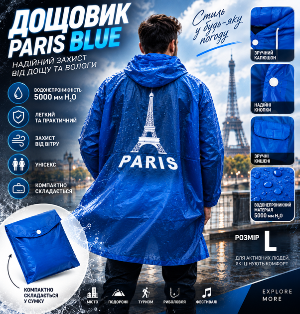 Щовик Paris Blue з капюшоном водонепроникний 5000 мм H₂O, синій вологозахисний плащ, розмір L - зображення 4