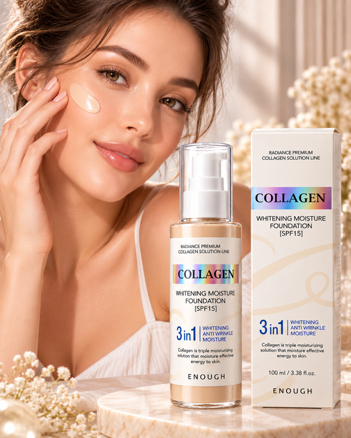 Тональний крем 3в1 з колагеном Enough 3in1 Collagen Whitening Moisture Foundation SPF 15 №21, 100 мл - Фото 2 Тональний крем 3в1 з колагеном Enough 3in1 Collagen Whitening Moisture Foundation SPF 15 №21, 100 мл - изображение 2