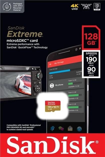 Карта памяти microSD SanDisk Extreme 128 ГБ UHS-I U3 V30 190x90 МБ/с - изображение 2