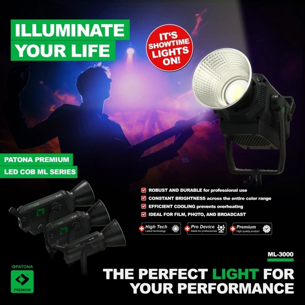 Студійне світлодіодне світло PATONA Premium ML-3000 Bi-Color COB 300W 100000 Lux / 1m Bowens (4055655253239) - Фото 11 Студійне світлодіодне світло PATONA Premium ML-3000 Bi-Color COB 300W 100000 Lux / 1m Bowens (4055655253239) - зображення 11