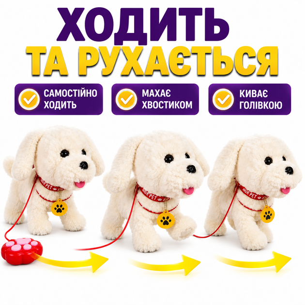 Інтерактивний плюшевий собака білий, що ходить, повторює голос, гавкає, співає, рухає хвостиком, електронна іграшка 29 см - зображення 3