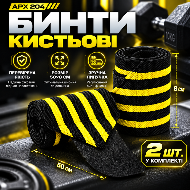 Бинти для фіксації зап'ястя APX 204, жовті, для силових тренувань, пари (2 шт.) - зображення 5