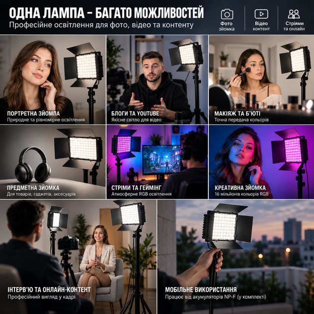 LED-лампа VP600 RGB 24W + RGB 15W, 2700–6500K, 42 ефекти, 2×NP-F750 — відеосвітло для фото та відео - Фото 8 LED-лампа VP600 RGB 24W + RGB 15W, 2700–6500K, 42 ефекти, 2×NP-F750 — відеосвітло для фото та відео - зображення 8