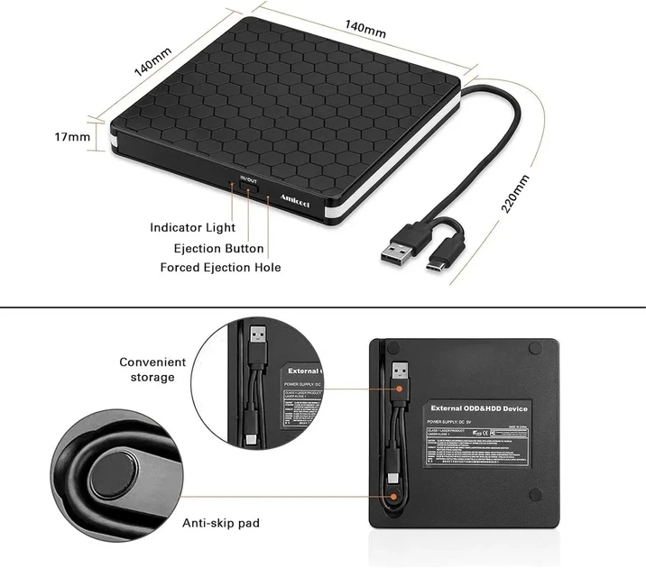 Amicool BT686 - Внешний DVD-привод USB 3.0 + TYPE-C, DVD, CD для ПК, Mac, Ноутбук - изображение 2