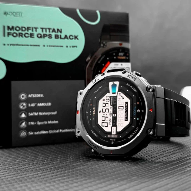 Тактические смарт-часы Modfit Titan Force GPS Black AMOLED стальной корпус Bluetooth-звонки - Фото 3 Тактические смарт-часы Modfit Titan Force GPS Black AMOLED стальной корпус Bluetooth-звонки - изображение 3