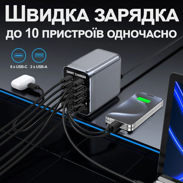 Скоростное зарядное устройство GaN 200 Вт Addap MCS-G1 PD 100 Вт QC 22,5 Вт серебристое - изображение 2