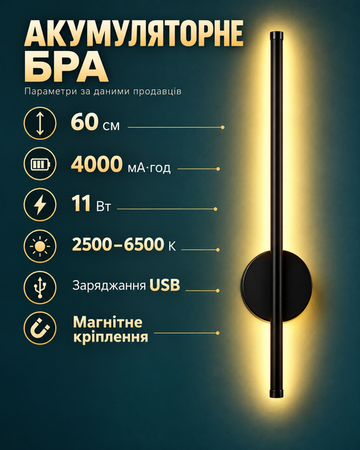 Ночник аккумуляторное настенное LED-бра 60 см, со сменой оттенка света, чёрное - изображение 2