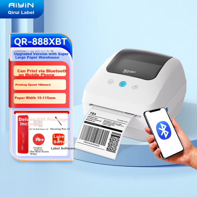 Термопринтер этикеток QIRUI QR-888XBT с Bluetooth для экспресс-доставки и трансграничной электронной коммерции, 108 мм, для складской логистики, одно- и двусторонняя печать штрих-кодов. - Фото 4 Термопринтер этикеток QIRUI QR-888XBT с Bluetooth для экспресс-доставки и трансграничной электронной коммерции, 108 мм, для складской логистики, одно- и двусторонняя печать штрих-кодов. - изображение 4