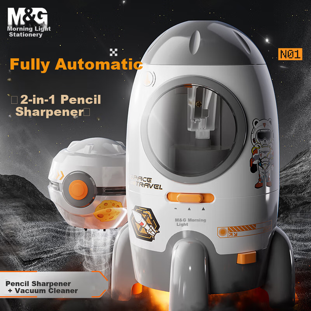 M&G Stationery Two-In Rocket Повністю автоматична точилка для олівців, настільний пилосос, електрична роторна точилка для олівців, точилка для олівців, подарунок на день народження учня початкової школи - изображение 4
