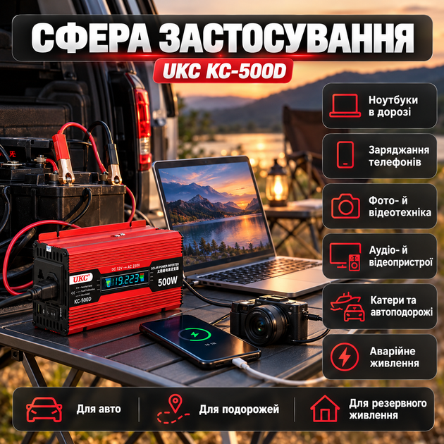 Инвертор 12 UKC 500 Вт автомобильный инвертор 12 на 220 с дисплеем USB розетка для ноутбука телефона и видеокамеры алюминиевый корпус вентилятор зажимы на АКБ - изображение 4