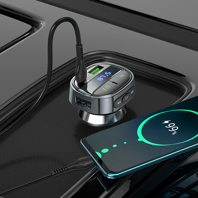 FM модулятор автомобильное зарядное устройство быстрая зарядка 30W 2USB Type-C Hoco E70 серый - изображение 7
