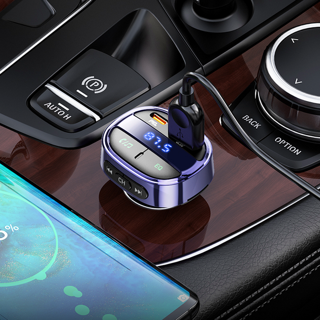 FM модулятор автомобильное зарядное устройство быстрая зарядка 30W 2USB Type-C Hoco E70 серый - изображение 8