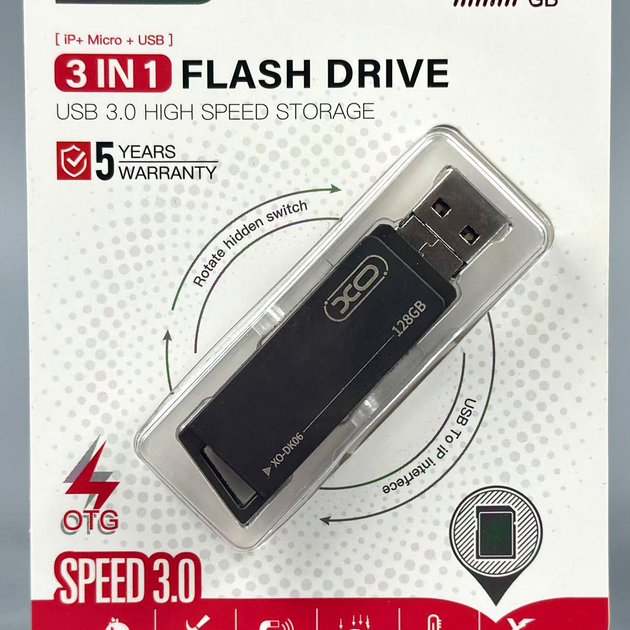 USB-флешка 128Gb 3в1 USB3.0 Lightning Microшвидкісна XO DK06 - зображення 2