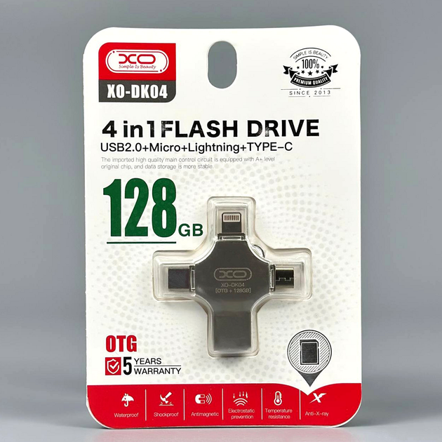 USB флешка 128Гб 4в1 USB MicroUSB Lightning Type-C XO DK04 - Фото 3 USB флешка 128Гб 4в1 USB MicroUSB Lightning Type-C XO DK04 - зображення 3