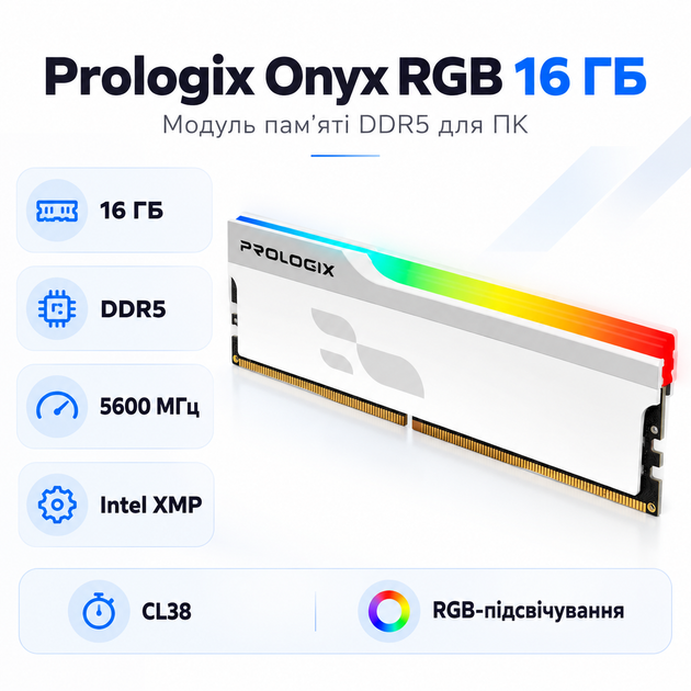 Оперативная память Prologix Onyx RGB 16 ГБ DDR5 5600 МГц CL38 White (PRO16GB5600YWR5) - Фото 1 Оперативная память Prologix Onyx RGB 16 ГБ DDR5 5600 МГц CL38 White (PRO16GB5600YWR5) - изображение 1
