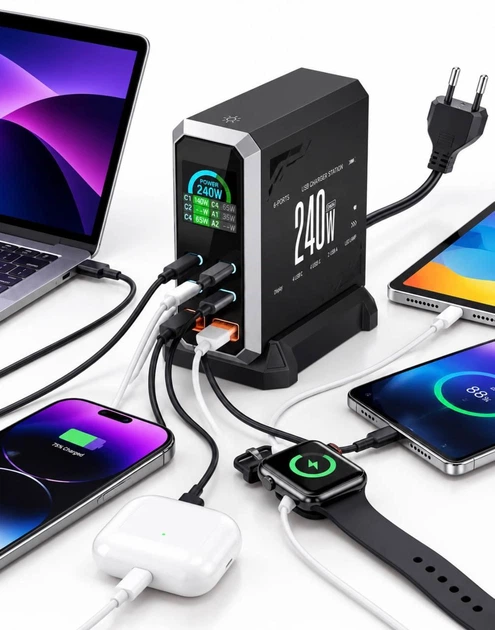 Настольное универсальное сетевое зарядное устройство 6 в 1 HW186 240W, 4 USB Type-C GaN + 2 USB-A PD 3.1 QC 3.0 PPS 140W блок питания для MacBook ноутбука планшета телефона повербанка Samsung iPhone Xiaomi Black - изображение 2