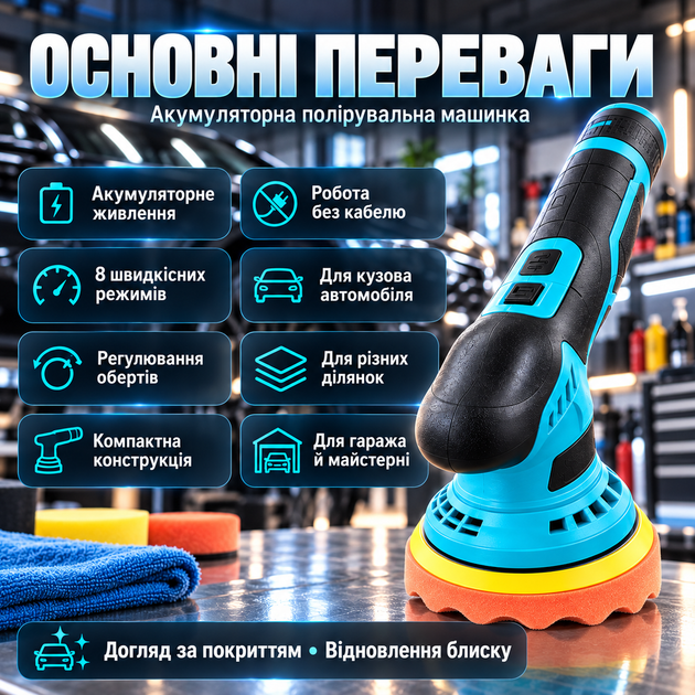 Полірувальна машина акумуляторна Domotec 48 В 125 мм полірувальна машина для авто 8 швидкостей безщітковий двигун 2 акумулятори - зображення 5