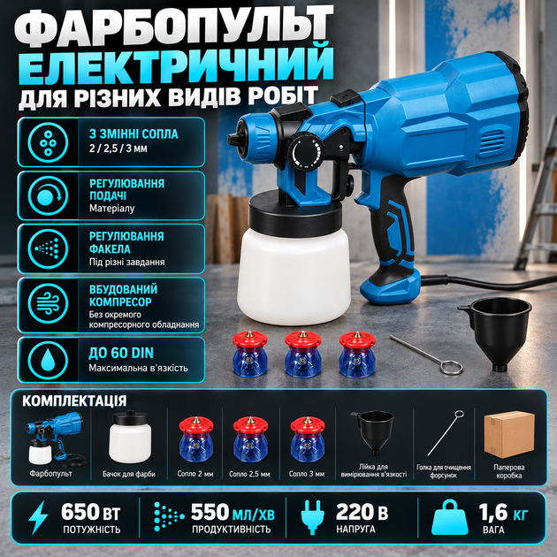 Электрический краскопульт AH550L 650 Вт 550 мл/мин бачок 800 мл 3 сопла 2–3 мм с регулировкой факела - изображение 3