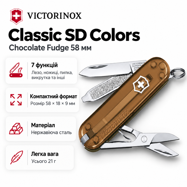 Складной нож Victorinox CLASSIC SD 7 функций 58х18х9 мм Chocolate Fudge (Vx06223.T55G) - Фото 1 Складной нож Victorinox CLASSIC SD 7 функций 58х18х9 мм Chocolate Fudge (Vx06223.T55G) - изображение 1