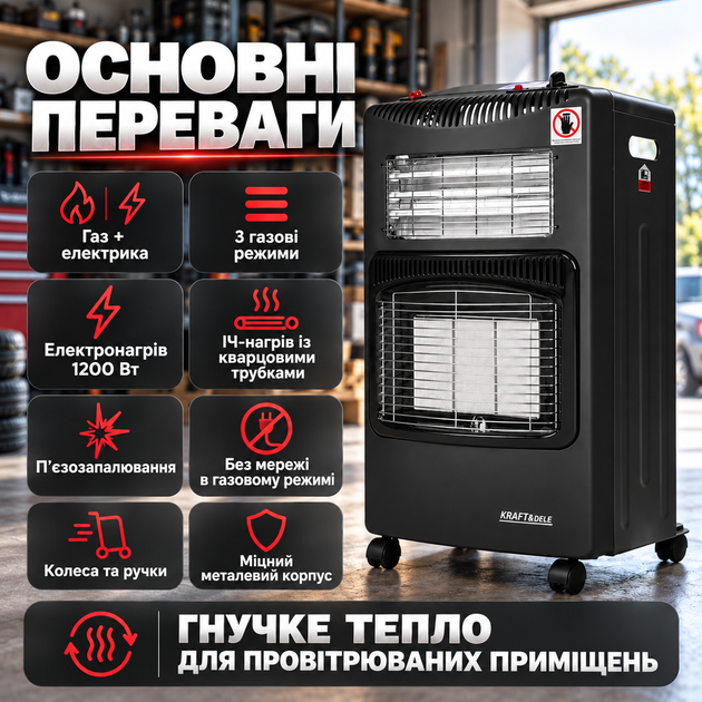 Газовий обігрівач 2 в 1 Kraft&Dele 4200 Вт інфрачервоний газовий обігрівач з електричним нагрівом 1200 Вт три режими п'єзозапалювання колеса - зображення 5