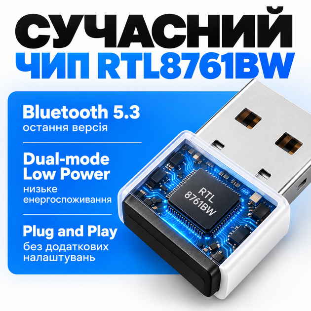Bluetooth адаптер USB Dongle Dual Mode Bluetooth 5.3 + BLE White Kayfovo BAW-53 - Фото 4 Bluetooth адаптер USB Dongle Dual Mode Bluetooth 5.3 + BLE White Kayfovo BAW-53 - зображення 4