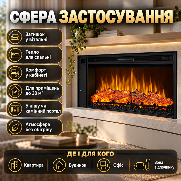 Електрокамін 3d ArtiFlame 1600 Вт широкий 109 см електрокамін вбудований лінійний з ефектом полум'я 5 рівнів яскравості і швидкості вогню звук горіння муляж полін для дому до 30 м2 пульт - зображення 3