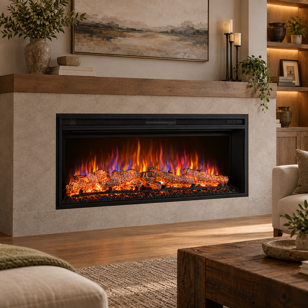 Електрокамін 3d ArtiFlame 1600 Вт широкий 109 см електрокамін вбудований лінійний з ефектом полум'я 5 рівнів яскравості і швидкості вогню звук горіння муляж полін для дому до 30 м2 пульт - зображення 5