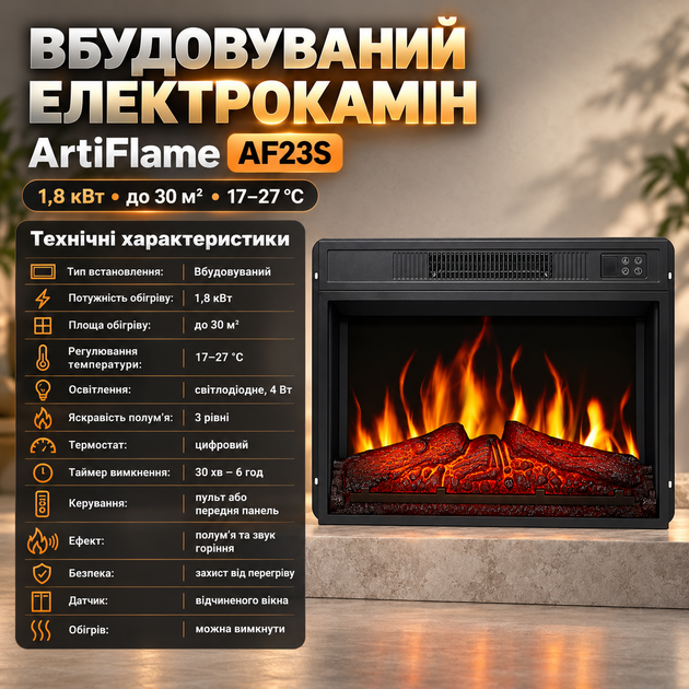 Электрокамин для дома ArtiFlame 1800 Вт камин электрический встроенный с эффектом пламени звук огня широкое панорамное стекло термостат от 17 до 27 градусов датчик открытого окна пульт таймер до 6 часов - изображение 2