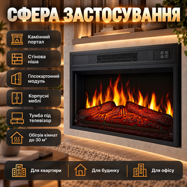 Электрокамин для дома ArtiFlame 1800 Вт камин электрический встроенный с эффектом пламени звук огня широкое панорамное стекло термостат от 17 до 27 градусов датчик открытого окна пульт таймер до 6 часов - изображение 3