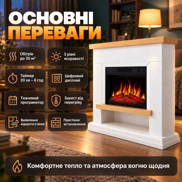 Камин электрический с порталом ArtiFlame Shelford 1800 Вт белый электрокамин для дома пристенный с эффектом пламени и звуком огня портал МДФ под лаком таймер пульт 114х104х31 см - изображение 5