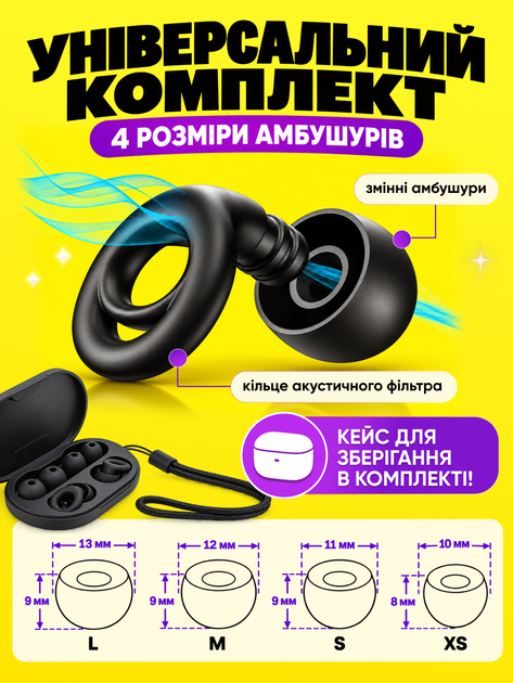 Беруші для сну та шумозаглушення з акустичним фільтром 18–28 dB і 4 розмірами амбушур XS/S/M/L силіконові протишумові вкладиші з кейсом - зображення 3