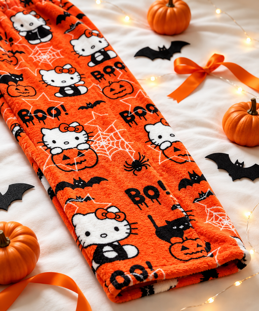 Чоловічі теплі плюшеві штани Hello Kitty Halloween L | М'які піжамні штани з принтом, помаранчеві, для дому - Фото 7 Чоловічі теплі плюшеві штани Hello Kitty Halloween L | М'які піжамні штани з принтом, помаранчеві, для дому - зображення 7