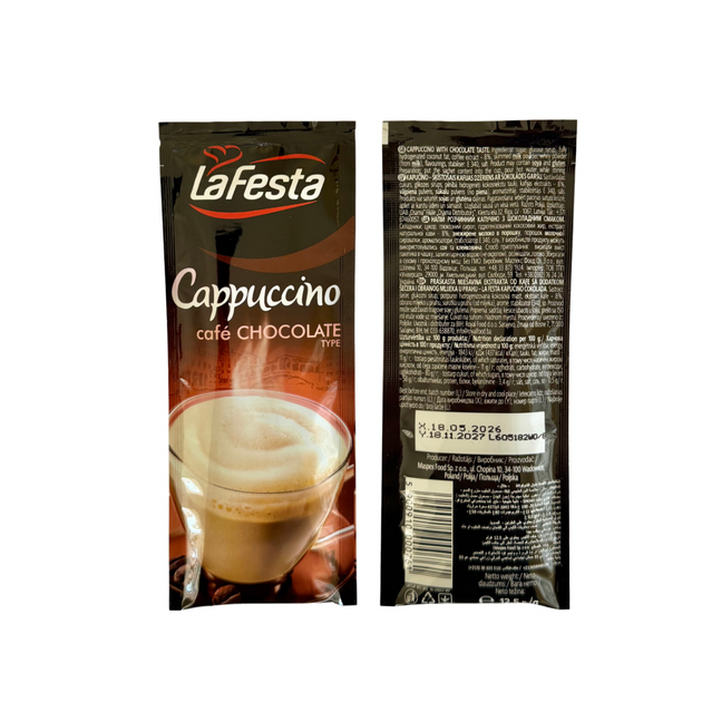 Капучино розчинне La Festa Cappuccino Chocolate зі смаком шоколаду 12,5 г × 10 шт. × 8 упаковок (1 кг) - Фото 5 Капучино розчинне La Festa Cappuccino Chocolate зі смаком шоколаду 12,5 г × 10 шт. × 8 упаковок (1 кг) - изображение 5