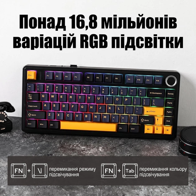 Бездротова ігрова механічна клавітура Aula F75 Thunder black з Українською розкладкою, 75%, Hot-Swap, RGB, 2.4GHz/Bluetooth/USB - Фото 10 Бездротова ігрова механічна клавітура Aula F75 Thunder black з Українською розкладкою, 75%, Hot-Swap, RGB, 2.4GHz/Bluetooth/USB - изображение 10
