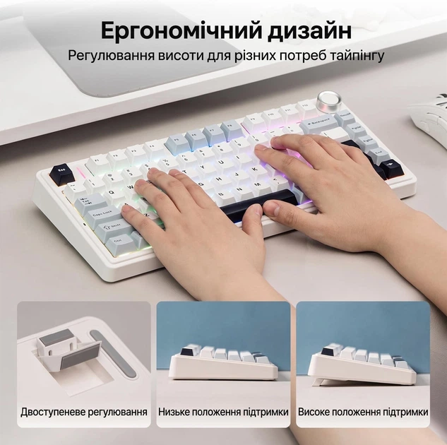 Бездротова ігрова механічна клавітура Aula F75 Glacer blue, 75%, Hot-Swap, RGB, 2.4GHz/Bluetooth/USB - Фото 5 Бездротова ігрова механічна клавітура Aula F75 Glacer blue, 75%, Hot-Swap, RGB, 2.4GHz/Bluetooth/USB - изображение 5