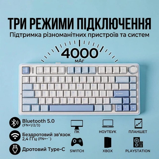 Бездротова ігрова механічна клавітура Aula F75 Sea salt з Українською розкладкою, 75%, Hot-Swap, RGB, 2.4GHz/Bluetooth/USB - Фото 7 Бездротова ігрова механічна клавітура Aula F75 Sea salt з Українською розкладкою, 75%, Hot-Swap, RGB, 2.4GHz/Bluetooth/USB - изображение 7