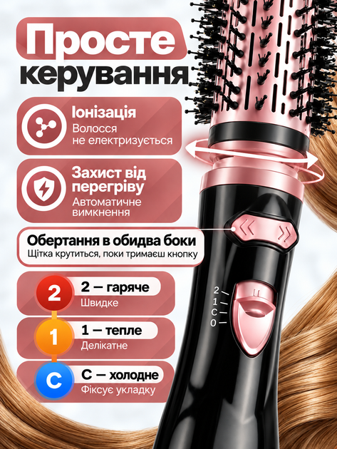 Фен щітка браш з обертанням насадками стайлер для локонів завивки вирівнювання волосся 3 в 1 випрямляч мультистайлер брашинг 1200 Вт з функцією іонізації фен для укладання волос гребінець та терморукавичка в подарунок рожевий OnePro 74171 - зображення 5