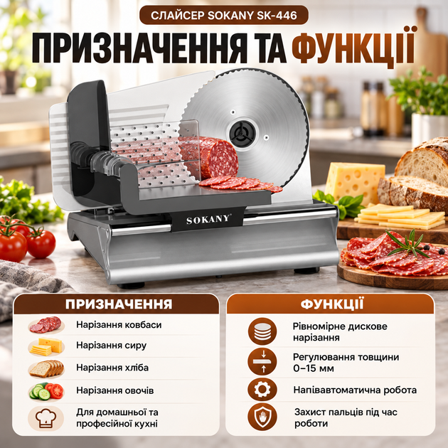 Дискова скиборізка SOKANY SK-446 500 Вт слайсер для кухні ніж 170 мм товщина 0–15 мм нержавіюча сталь для дому ресторану - зображення 3