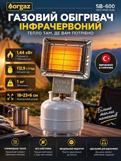 Газовый инфракрасный обогреватель Orgaz SB-600 1,44 кВт со встроенным редуктором - Фото 1 Газовый инфракрасный обогреватель Orgaz SB-600 1,44 кВт со встроенным редуктором - изображение 1