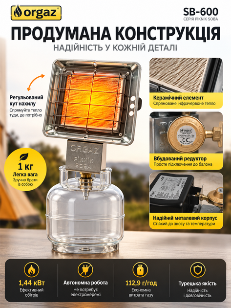 Газовый инфракрасный обогреватель Orgaz SB-600 1,44 кВт со встроенным редуктором - Фото 2 Газовый инфракрасный обогреватель Orgaz SB-600 1,44 кВт со встроенным редуктором - изображение 2