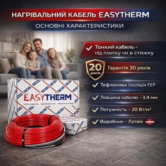 Комплект теплої підлоги EasyTherm EC 378 Вт 2,3 м², нагрівальний кабель 21 м, з програмованим терморегулятором Castle M6.716 з дисплеєм (ЕC 21) - зображення 3