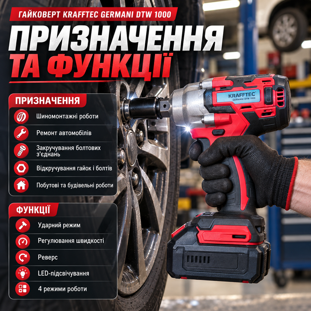 Бесщеточный гайковерт Krafftec Germani DTW 1000 аккумуляторный 1000 Нм 48 В 8 А·ч с 2 батареями 4 режимами подсветкой - изображение 3