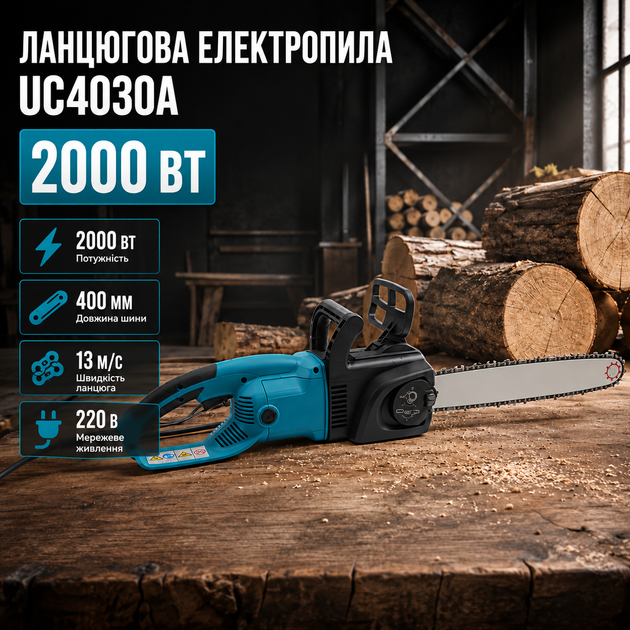 Цепная электропила UC4030A 2000 Вт шина 400 мм 220 В для распиловки древесины заготовки дров обрезки веток - Фото 1 Цепная электропила UC4030A 2000 Вт шина 400 мм 220 В для распиловки древесины заготовки дров обрезки веток - изображение 1