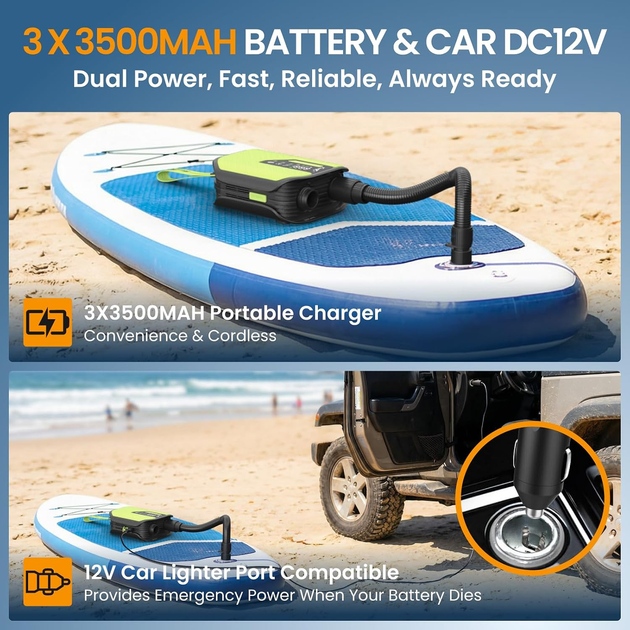 Аккумуляторный насос TowerTop 10500 мАч для SUP и авто, 50 PSI, 420 л/мин, 12 В, LCD, автостоп, 8 насадок, накачивание и сдувание - Фото 4 Аккумуляторный насос TowerTop 10500 мАч для SUP и авто, 50 PSI, 420 л/мин, 12 В, LCD, автостоп, 8 насадок, накачивание и сдувание - изображение 4